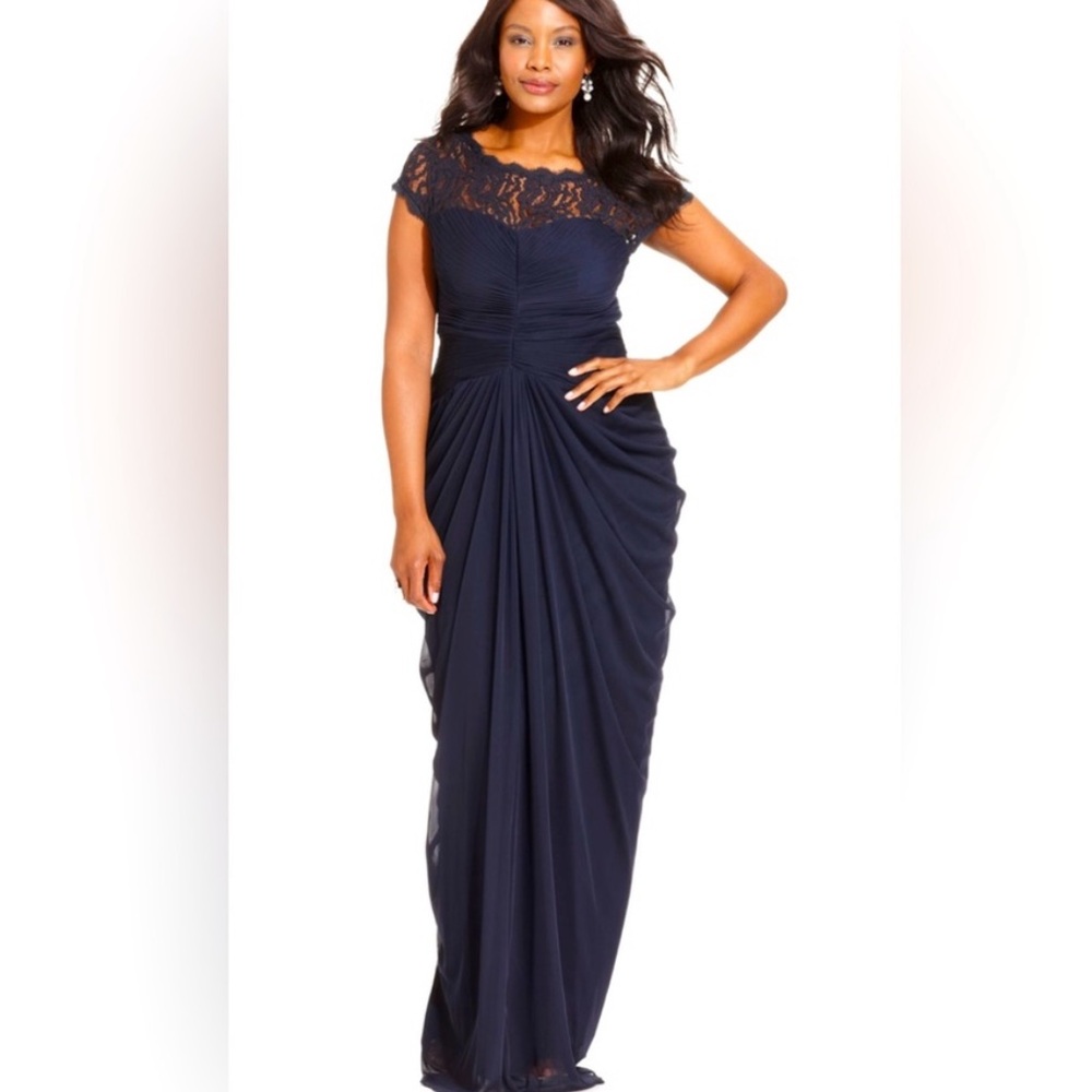 Adrianna Papell Navy Blue Ruched and Lace Gown